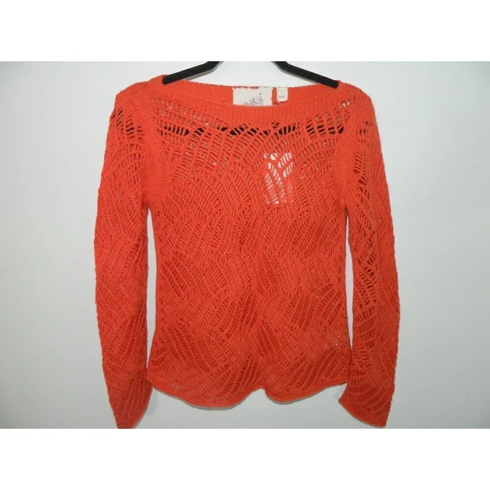 Anthropologie Angel of the North Sweater Size Small‎ Orange Open Knit Crochet